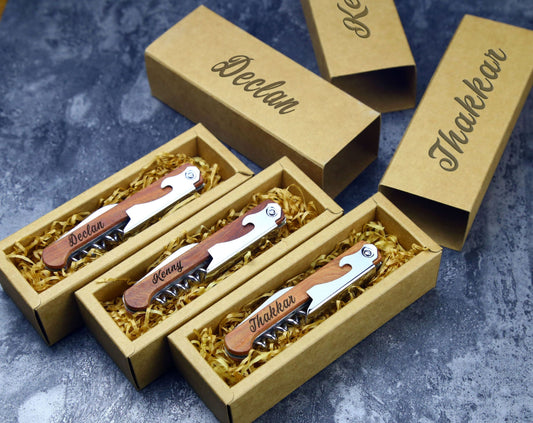 Personalisierter Korkenzieheröffner mit Holzgriff, individueller Rotweinöffner
